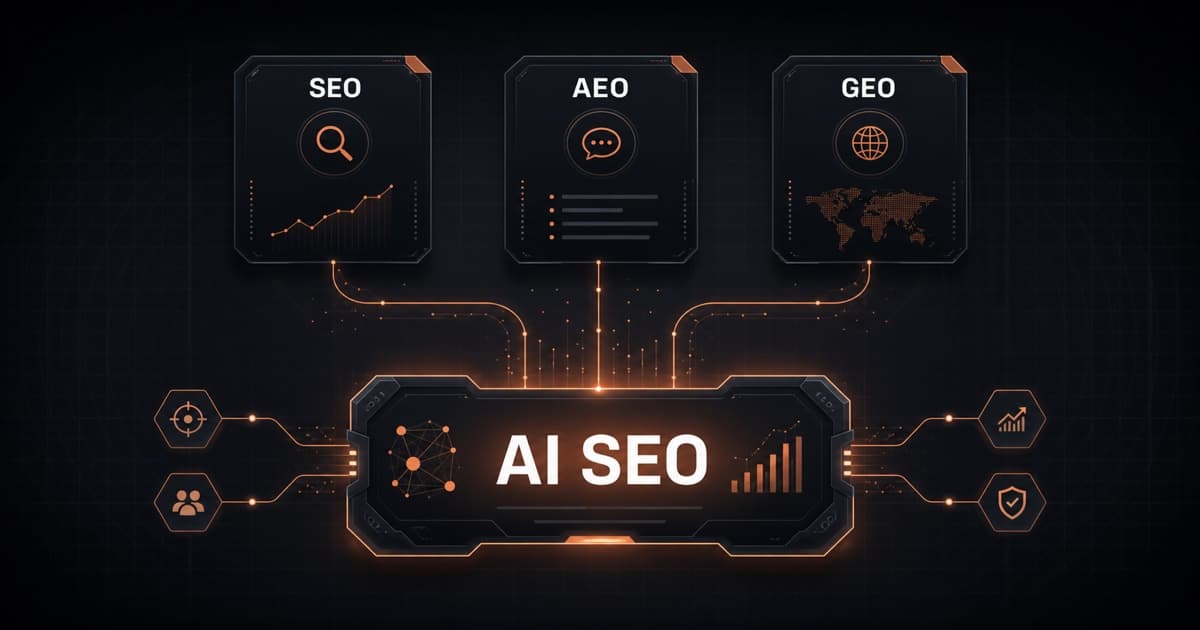 SEO, AEO and GEO modules connecting into one integrated AI SEO system
