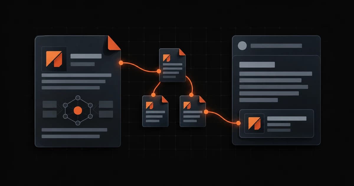 A distinctive source document connected to a topic cluster and a reference card inside an AI answer.