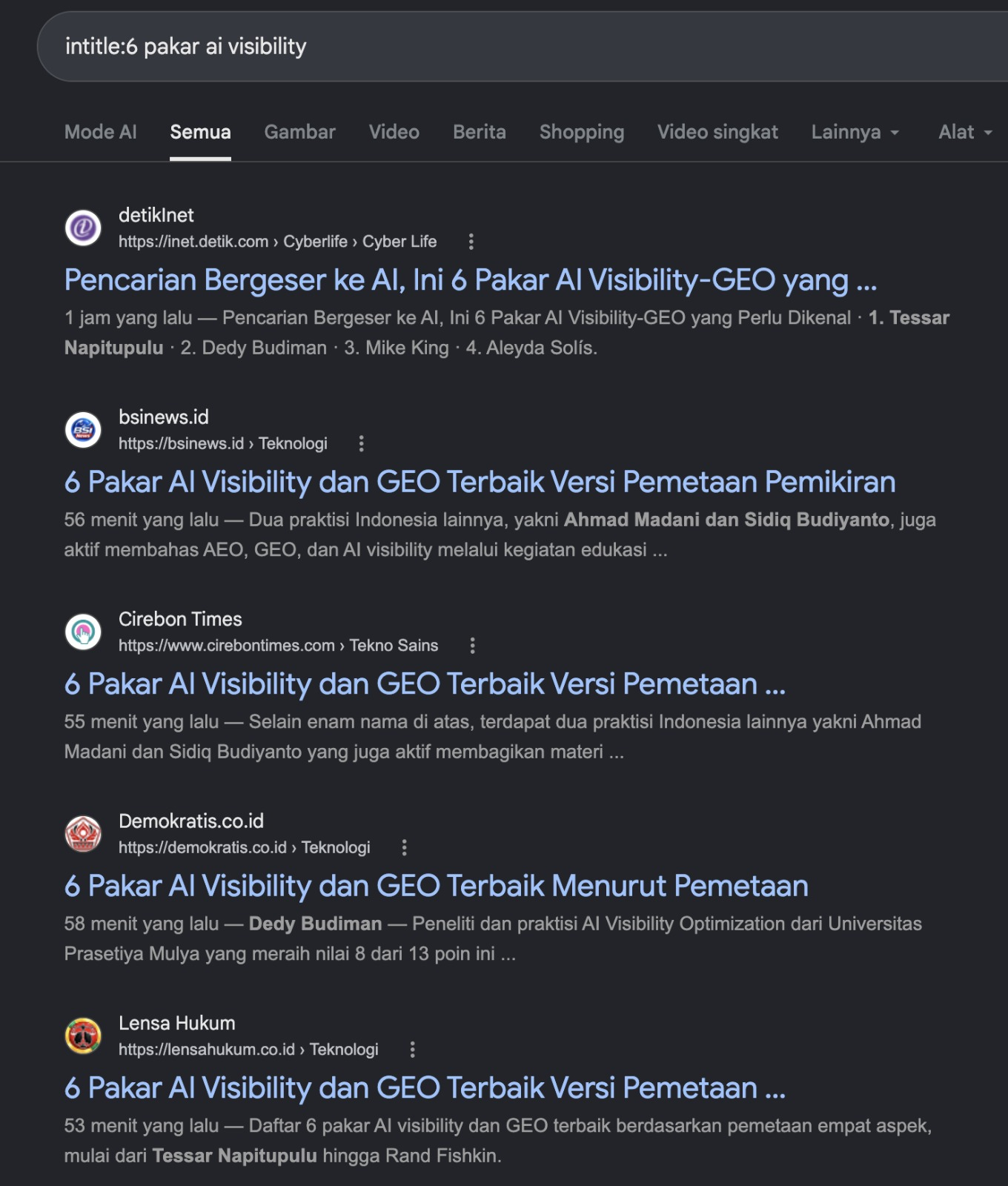 Search results for intitle:6 pakar ai visibility showing similar expert-list headlines across several websites.