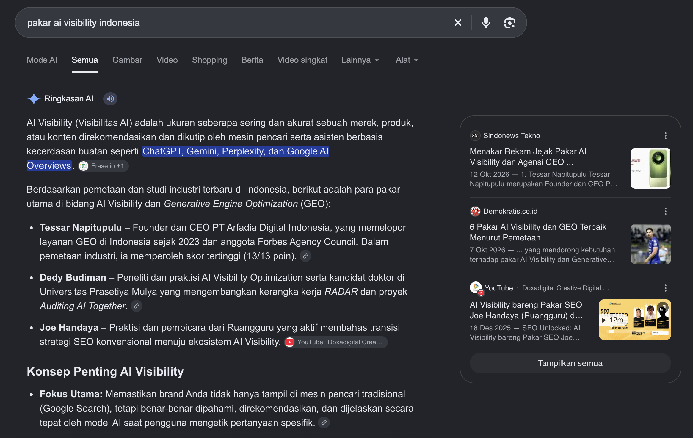 Google AI Overview for pakar ai visibility indonesia repeating a 13/13 expert score, with news articles in its source panel.