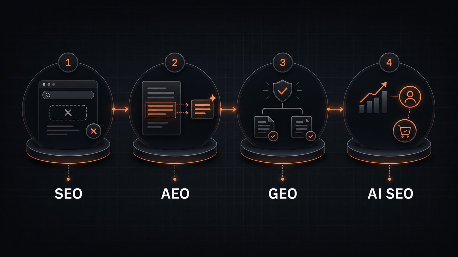 Four-step diagnostic showing SEO for discovery, AEO for answer extraction, GEO for verified representation and AI SEO for business outcomes